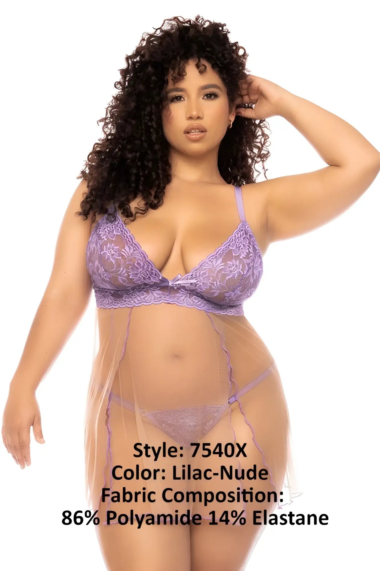 Mapale 7540X Verona babydoll lingerie in lilac-nude lace with floral embroidery and sheer mesh overlay