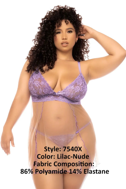 Mapale 7540X Verona babydoll lingerie in lilac-nude lace with floral embroidery and sheer mesh overlay