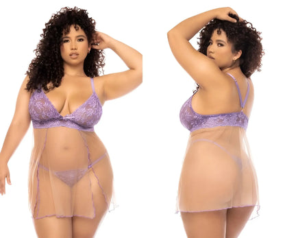 Purple lace Mapale 7540X Verona babydoll lingerie set with sheer lilac-nude mesh overlay for plus size women