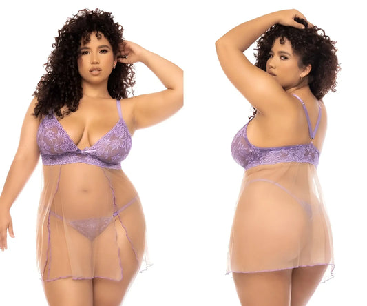 Purple lace Mapale 7540X Verona babydoll lingerie set with sheer lilac-nude mesh overlay for plus size women