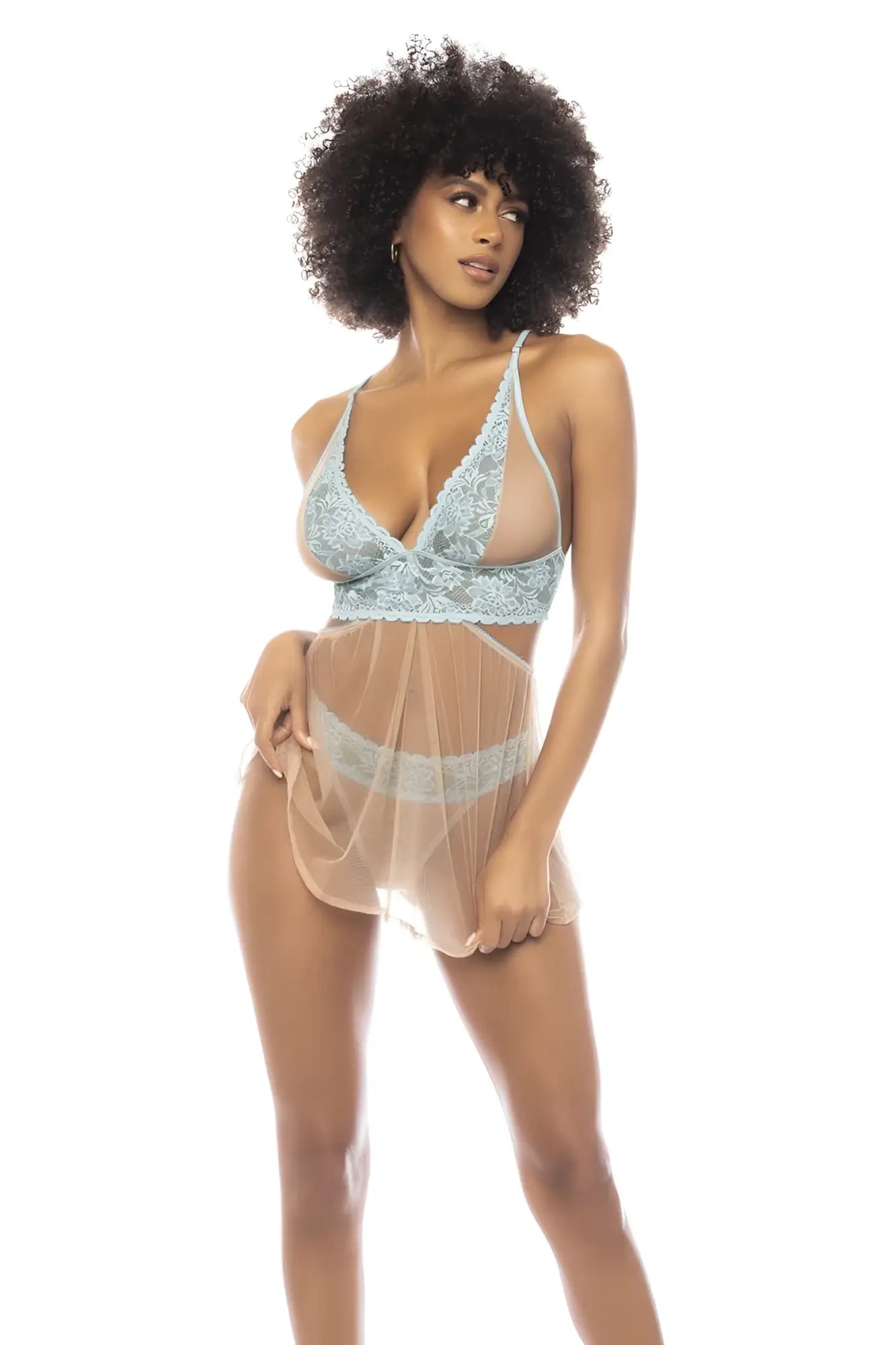 Mapale 7541 abilene 2 in 1 babydoll light blue nude lingerie set with delicate lace sheer mesh fabric and matching waistband