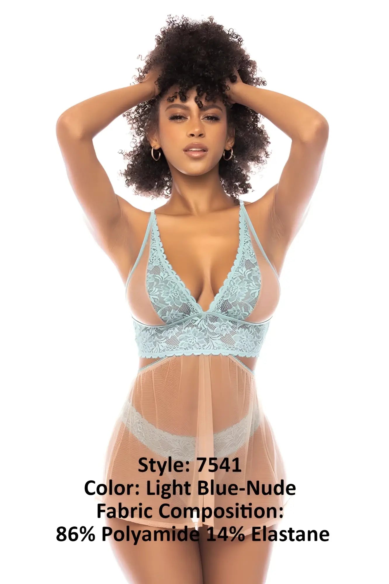 Light blue-nude lace bodysuit with sheer mesh panels and floral embroidery from mapale 7541 abilene 2 in 1 babydoll