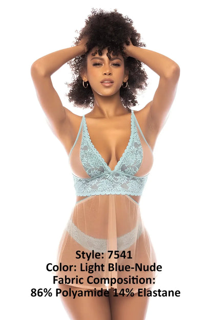 Light blue-nude lace bodysuit with sheer mesh panels and floral embroidery from mapale 7541 abilene 2 in 1 babydoll