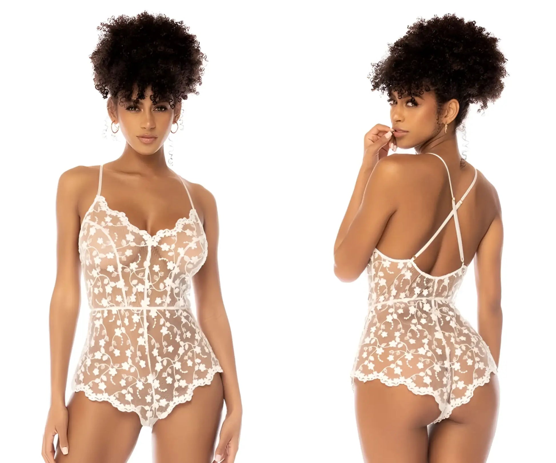 White floral lace bodysuit with delicate cross-back straps and scalloped hemline by mapale 7543 celina romper