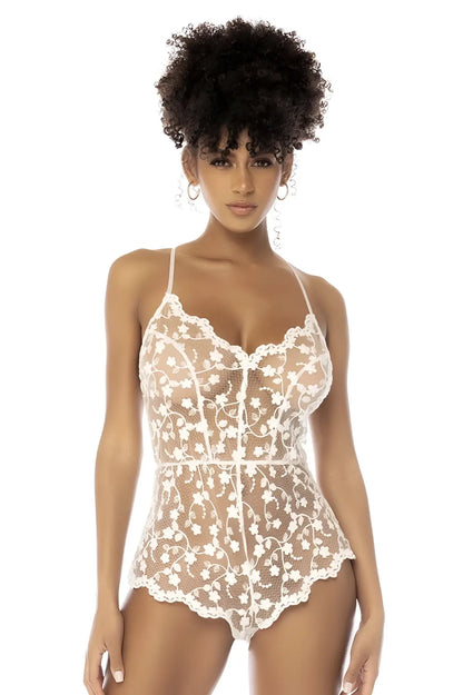 White floral lace bodysuit with delicate scalloped edges and thin spaghetti straps by mapale in star white color