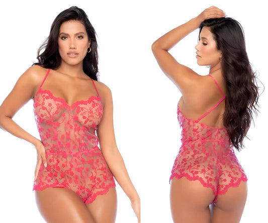 A vibrant pink lace bodysuit with delicate floral patterns and thin spaghetti straps from mapale 7543 romper-babydoll cherry