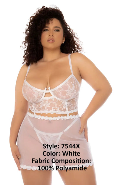White lace mapale 7544X hope 2 in 1 babydoll lingerie set made of 100% polyamide in plus size white color