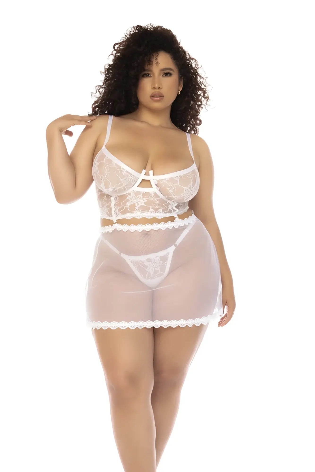 White lace lingerie babydoll with sheer mesh overlay scalloped hemline in mapale 7544x hope 2 in 1 plus color white