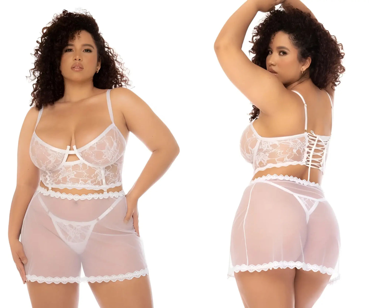 White lace lingerie set mapale 7544x hope 2 in 1 babydoll with sheer mesh shorts and floral corset-style top