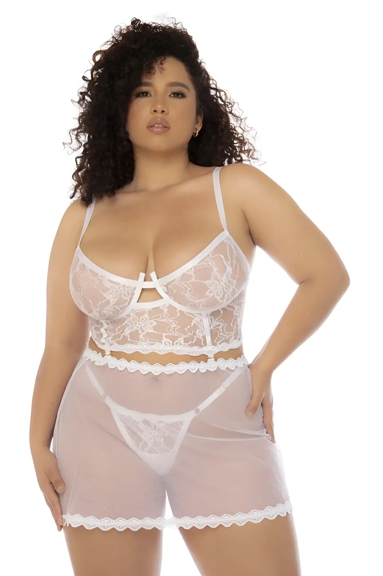 White lace lingerie set with sheer mesh and scalloped edges from mapale 7544X hope 2 in 1 babydoll plus white