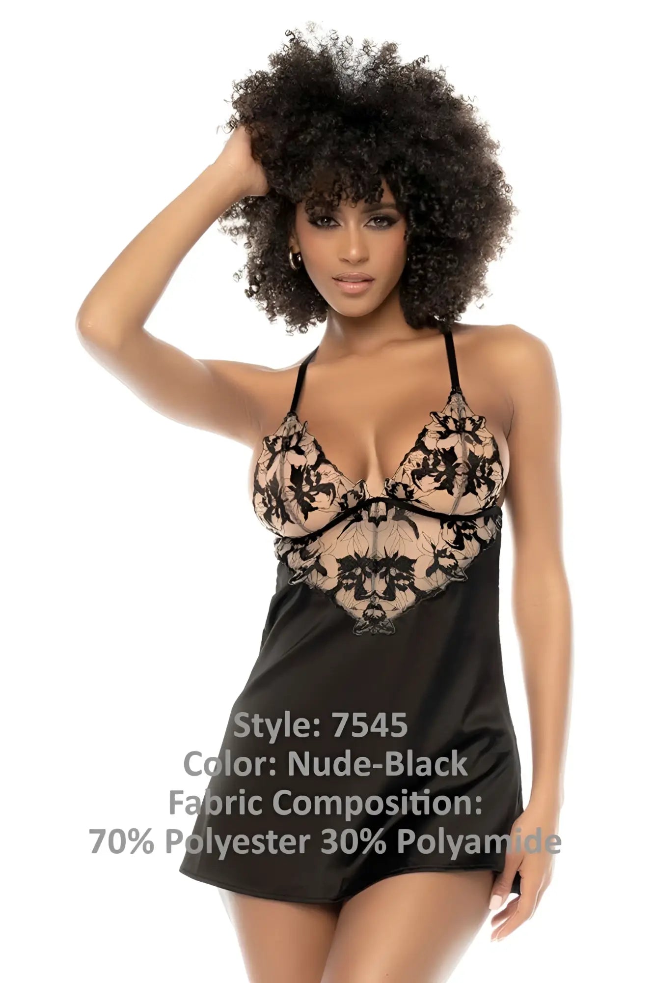 Nude-black lace and satin nightgown with floral embroidery by Mapale 7545 Laurel babydoll front view