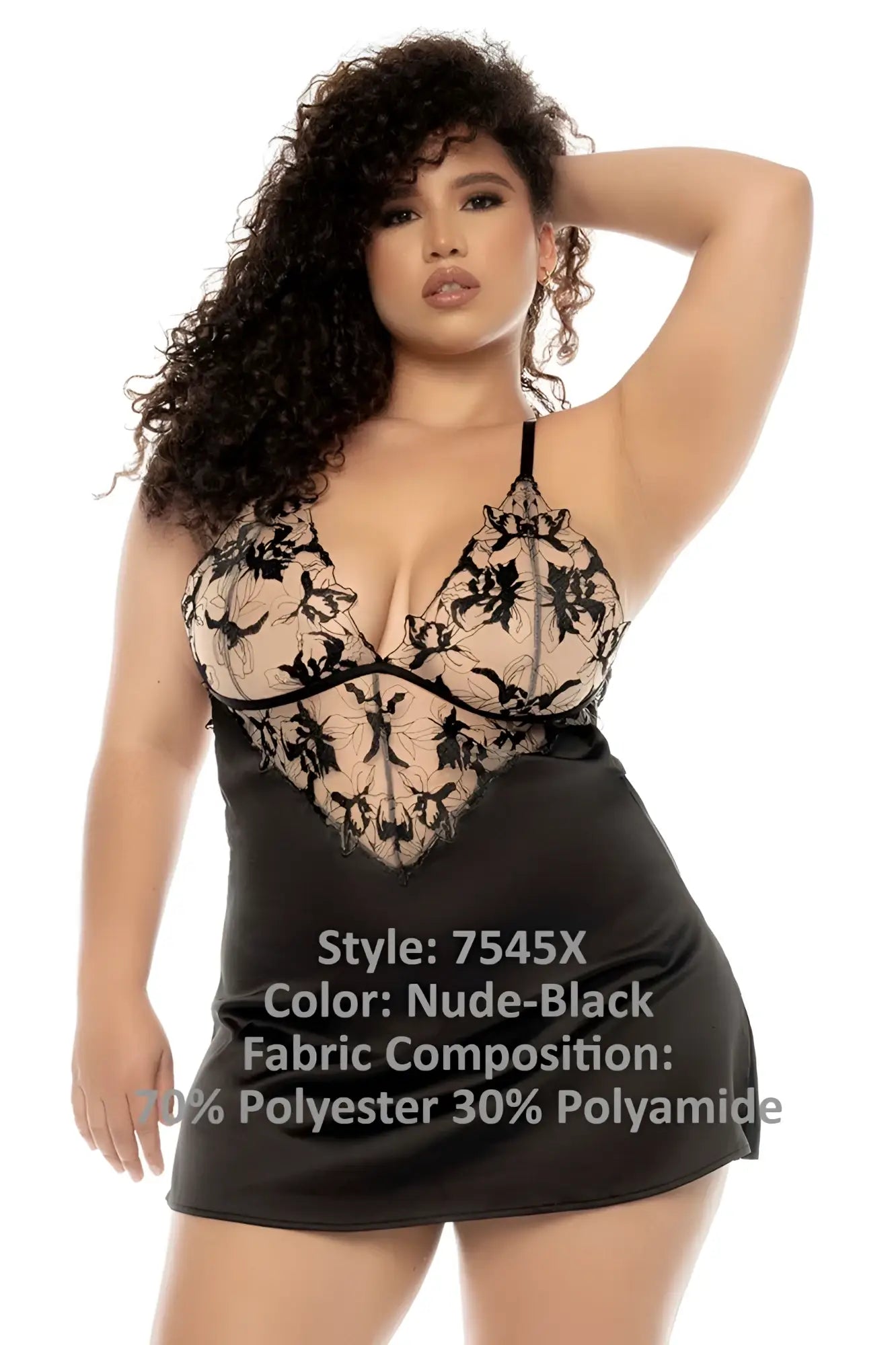 Mapale 7545X Laurel babydoll plus in nude black featuring lace and satin nightgown with floral embroidery