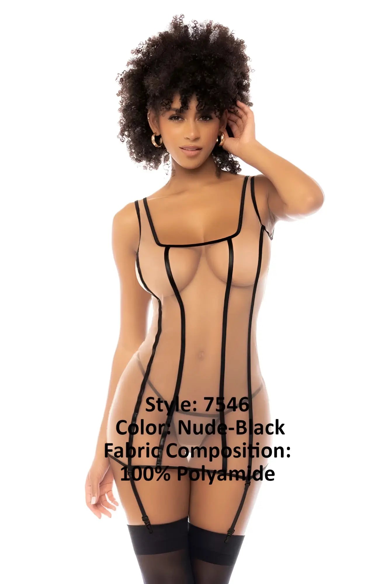 Mapale 7546 Marianna babydoll in nude-black sheer polyamide bodysuit with black lace-up straps and structured design