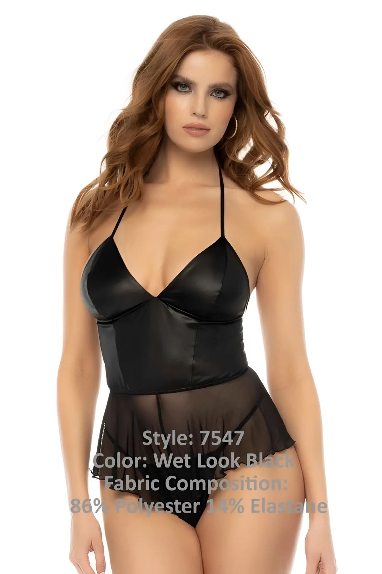 Black wet look halter top with sheer mesh skirt overlay from Mapale 7547 Pearl Babydoll collection