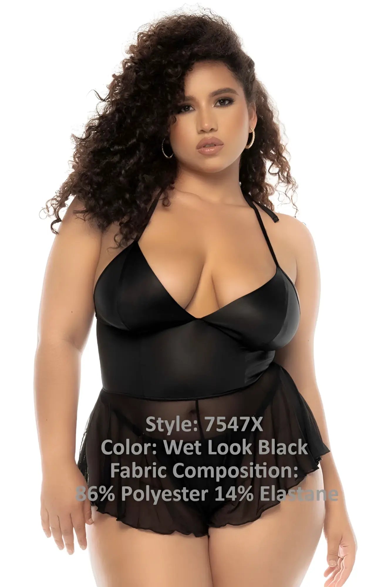 Black wet look one-piece swimsuit with sheer ruffled skirt and halter neckline by Mapale 7547X Pearl Babydoll plus color