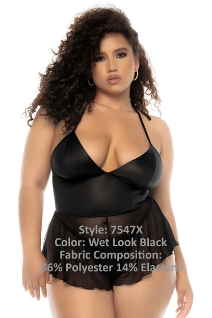 Black wet look one-piece swimsuit with sheer ruffled skirt and halter neckline by Mapale 7547X Pearl Babydoll plus color