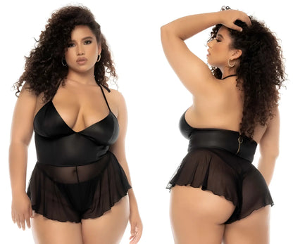 Black satin bodysuit with sheer ruffled skirt and back zipper detail by Mapale plus color wet look black view from back