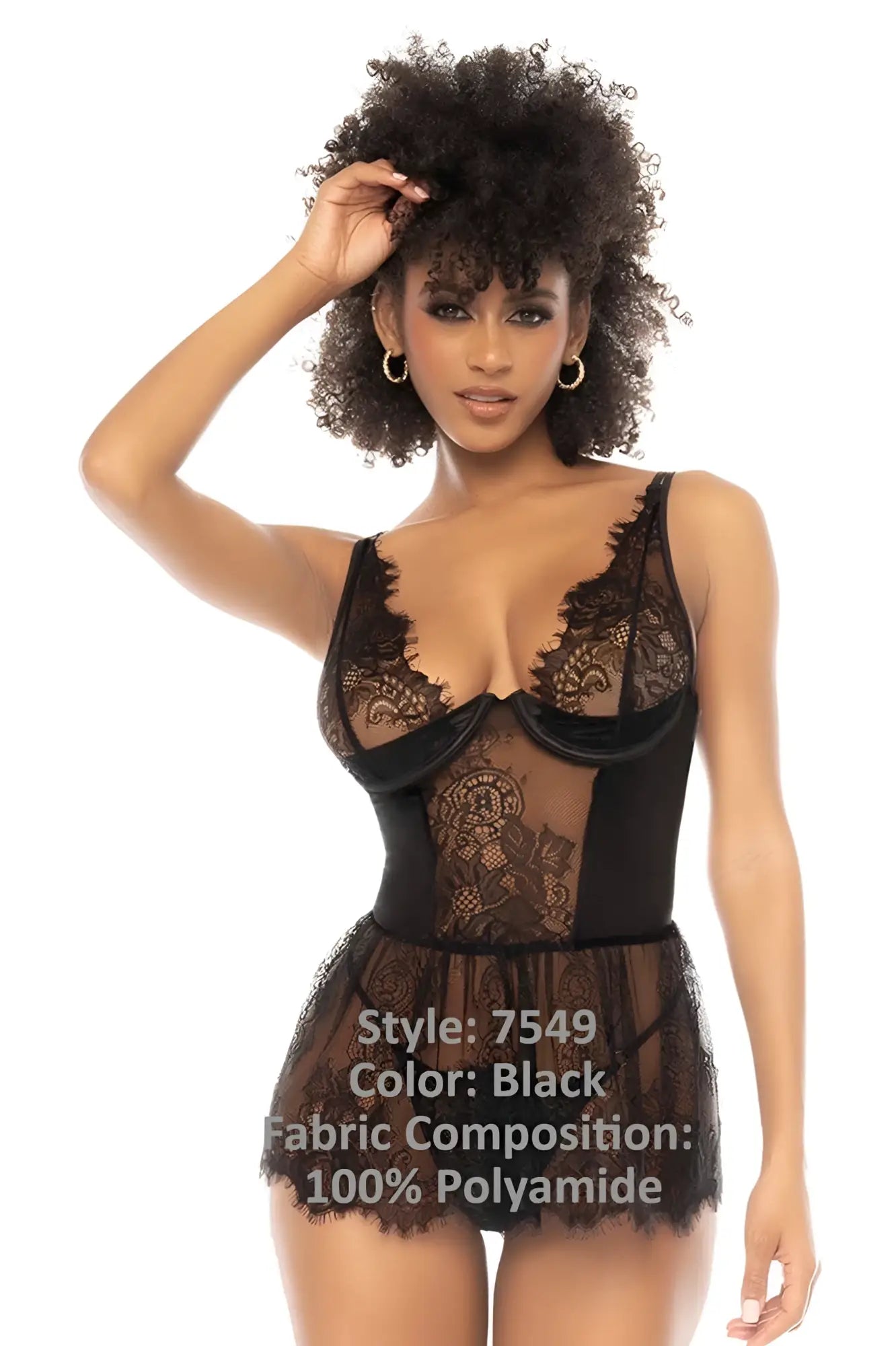 Black lace bodysuit with sheer mesh panels and flared skirt by mapale 7549 raven babydoll in black