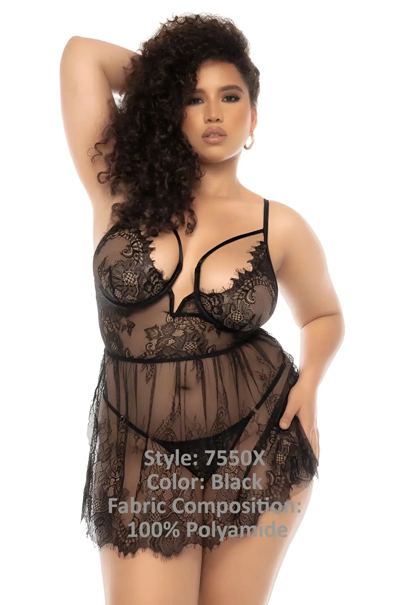 Black lace lingerie set by mapale with intricate floral patterns and sheer flowing skirt in black color