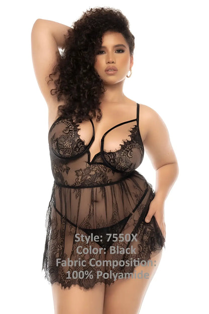 Black lace lingerie set by mapale with intricate floral patterns and sheer flowing skirt in black color