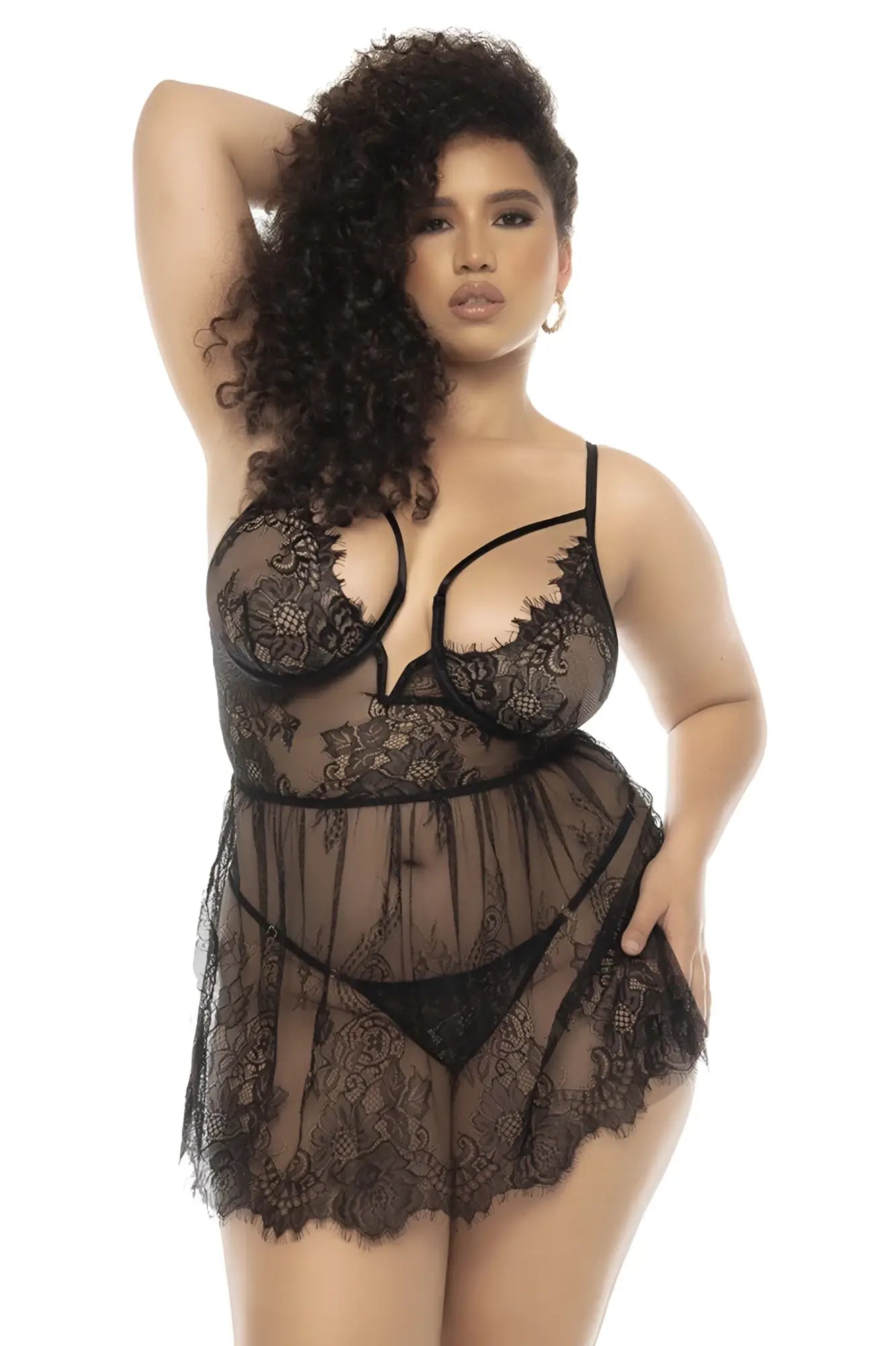 Black lace lingerie set mapale 7550x selma babydoll plus with intricate floral patterns and sheer mesh panels
