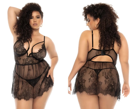 Black lace lingerie set mapale 7550x selma babydoll with intricate floral patterns and sheer mesh panels