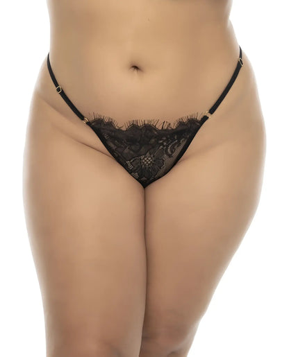 Black lace thong with delicate floral patterns and thin straps from mapale 7550x selma babydoll plus in black