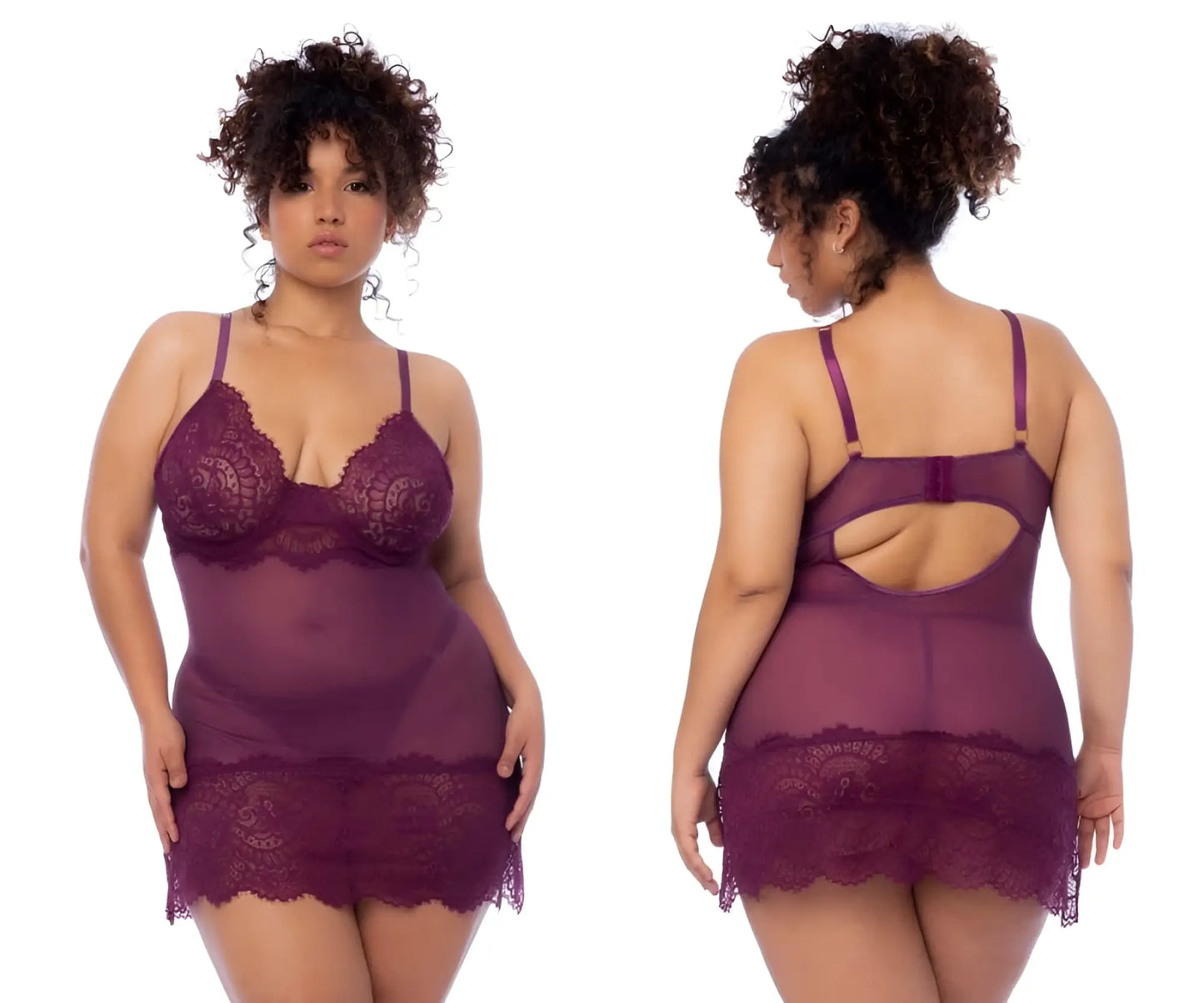 Mapale 7554X wine babydoll lingerie set with purple lace sheer mesh panels and back cutout design shown from back