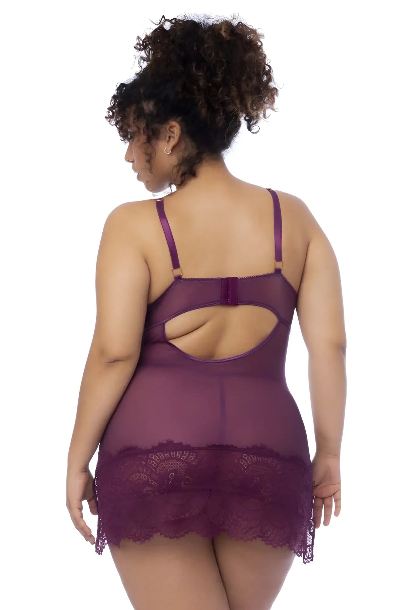 Purple lace trimmed sheer nightgown with thin straps and back cutout shown from the back in wine color from Mapale 7554X