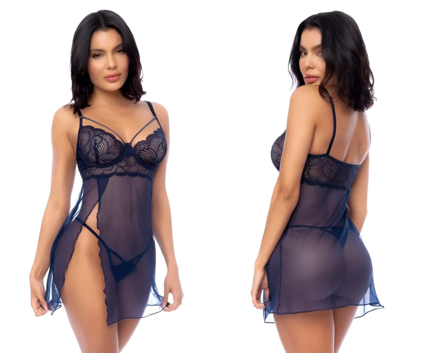 Navy blue sheer lace chemise with delicate floral patterns and thin spaghetti straps by Mapale 7555 babydoll color midnight blue