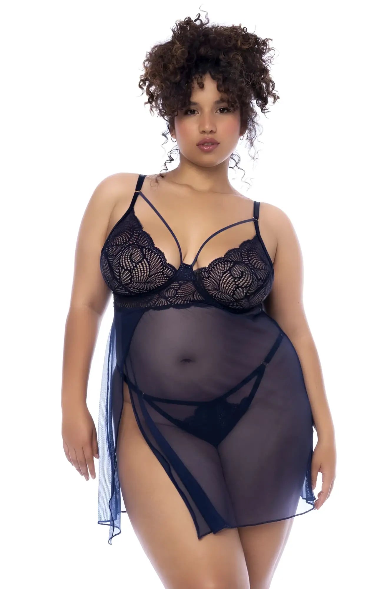 Black lace bra with sheer navy blue mesh overlay and side slit from mapale 7555x babydoll color midnight blue