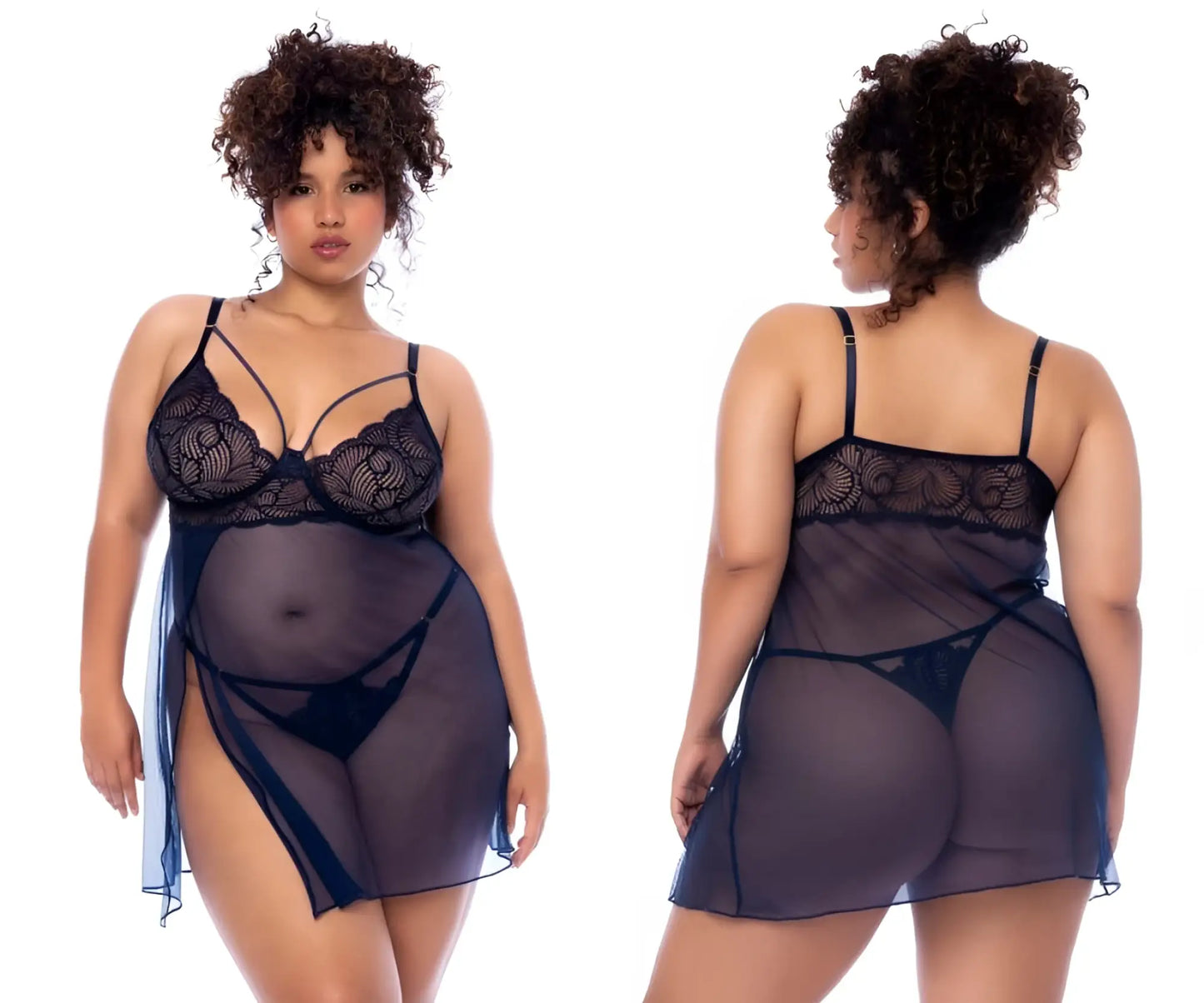 Mapale 7555x babydoll lingerie set in midnight blue featuring black lace and sheer mesh with side slits
