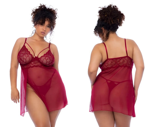 A plus-size woman models a sheer deep red lace chemise with floral patterns and thin spaghetti straps by Mapale