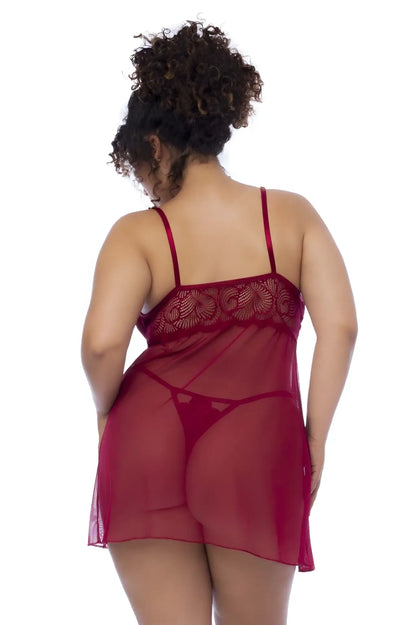 Mapale 7555X babydoll in rosewood sheer red lace chemise with thin straps and decorative patterned bodice