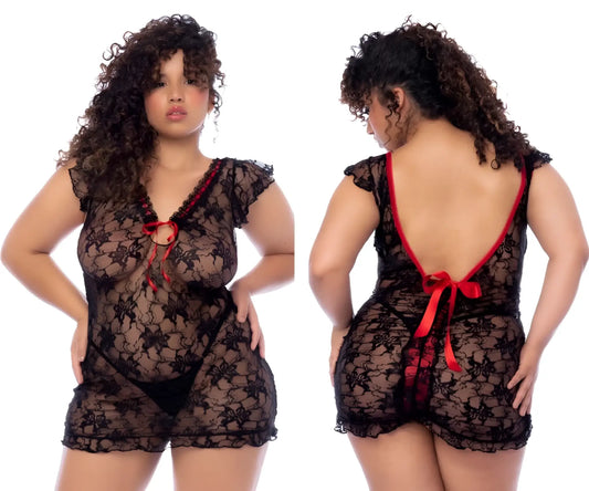 Black lace lingerie set with red ribbon ties at neckline and back by Mapale 7556X babydoll color black
