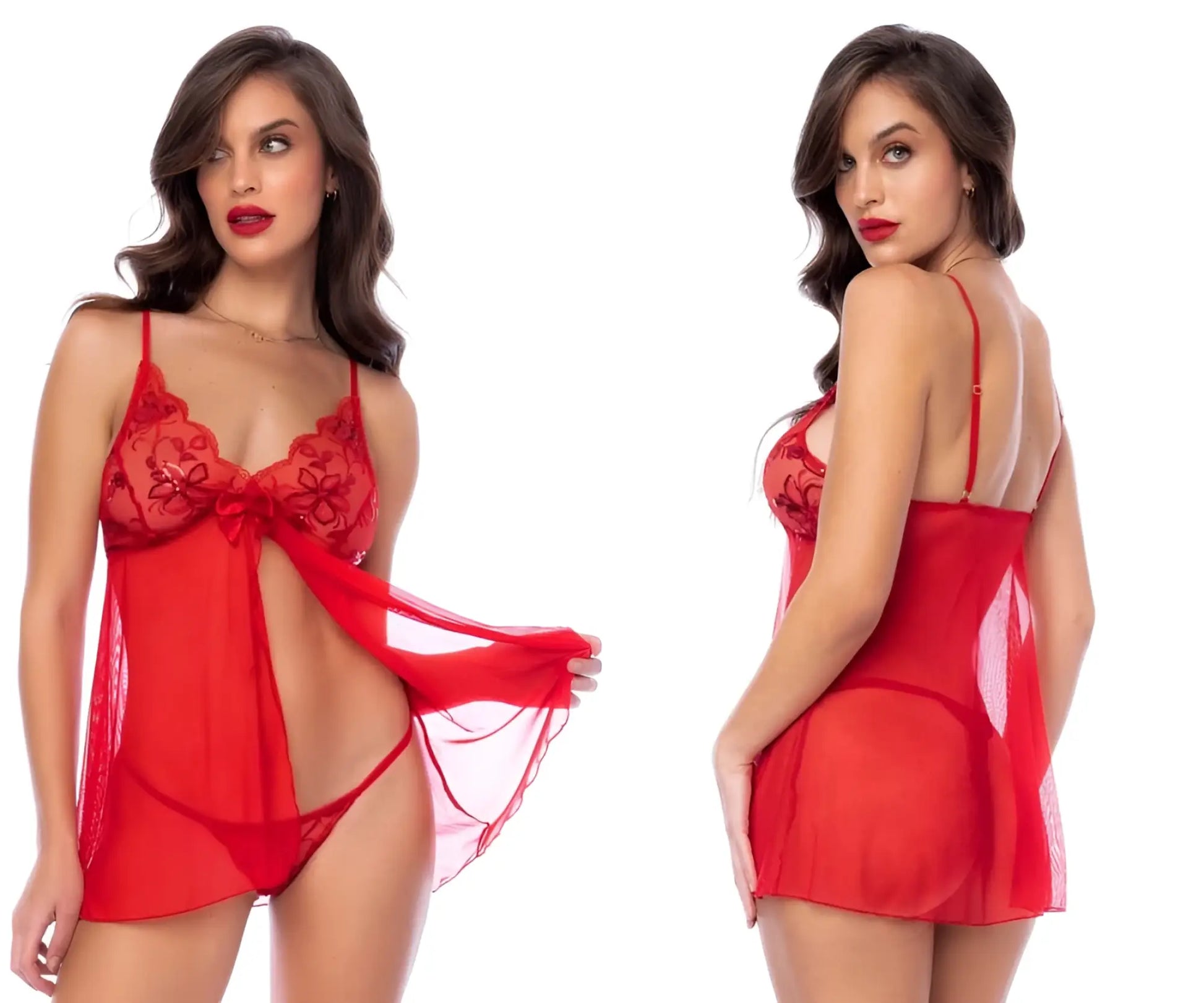 Red lace lingerie set mapale 7559 babydoll with sheer mesh overlay and central bow detail in red