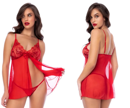 Red lace lingerie set mapale 7559 babydoll with sheer mesh overlay and central bow detail in red