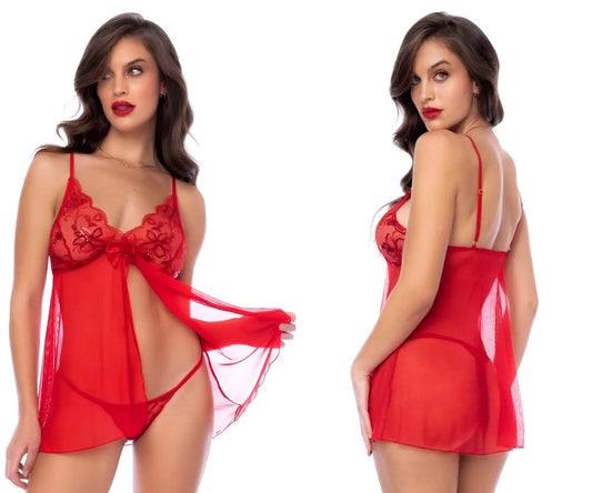 Red lace lingerie set mapale 7559 babydoll with sheer mesh overlay and central bow detail in red
