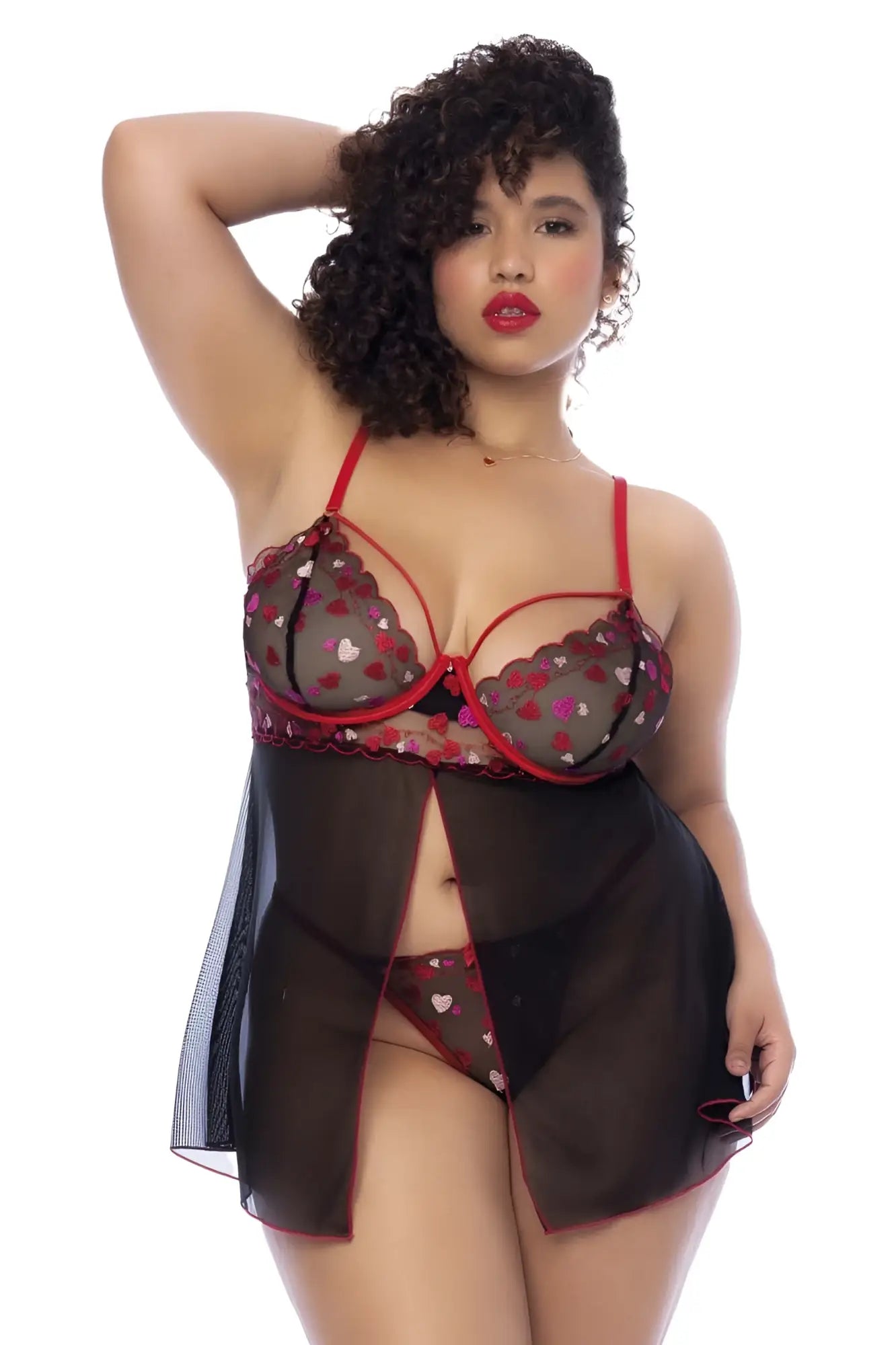 Red and black heart-patterned sheer lingerie set with scalloped edges by Mapale 7560X in babydoll style