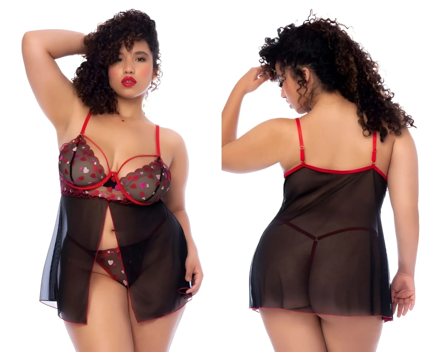 Red and black lace lingerie set with heart patterns by mapale 7560x babydoll in black and red colors