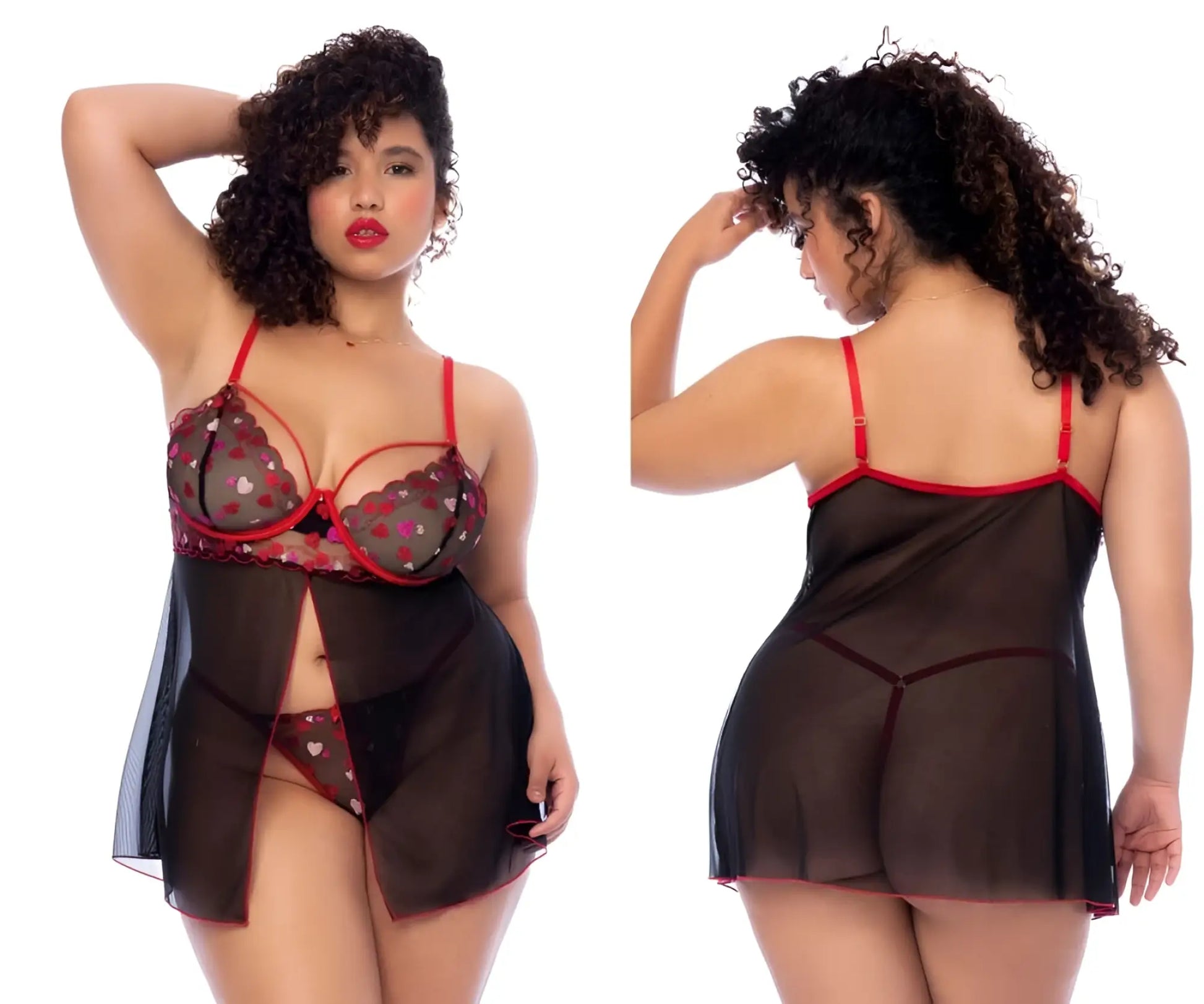 Red and black lace lingerie set with heart patterns by mapale 7560x babydoll in black and red colors