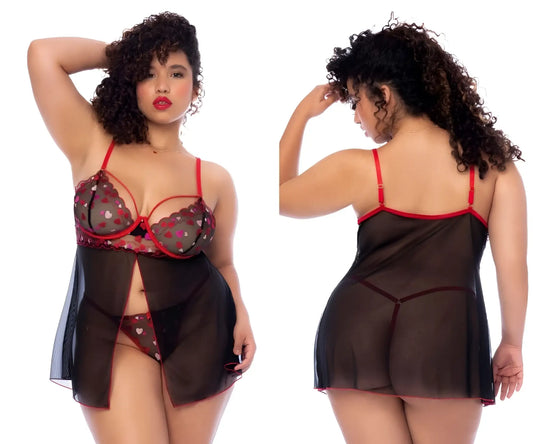 Red and black lace lingerie set with heart patterns by mapale 7560x babydoll in black and red colors