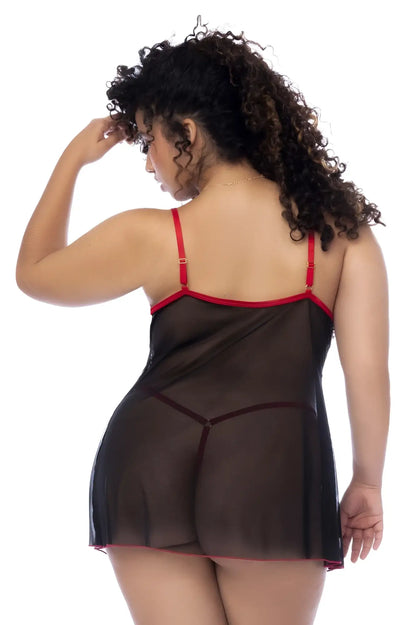 Black sheer nightgown with red trim and thin straps from mapale 7560x babydoll collection in black and red