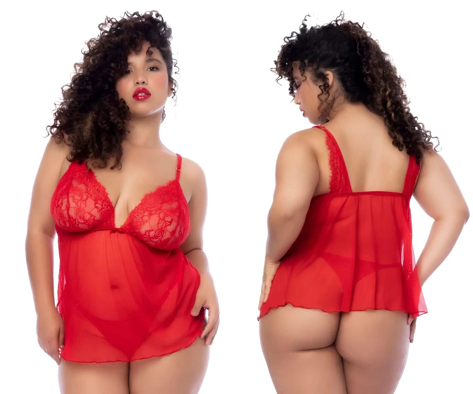 Red lace and sheer mesh chemise with thin straps and ruffled hem mapale 7562x babydoll in red