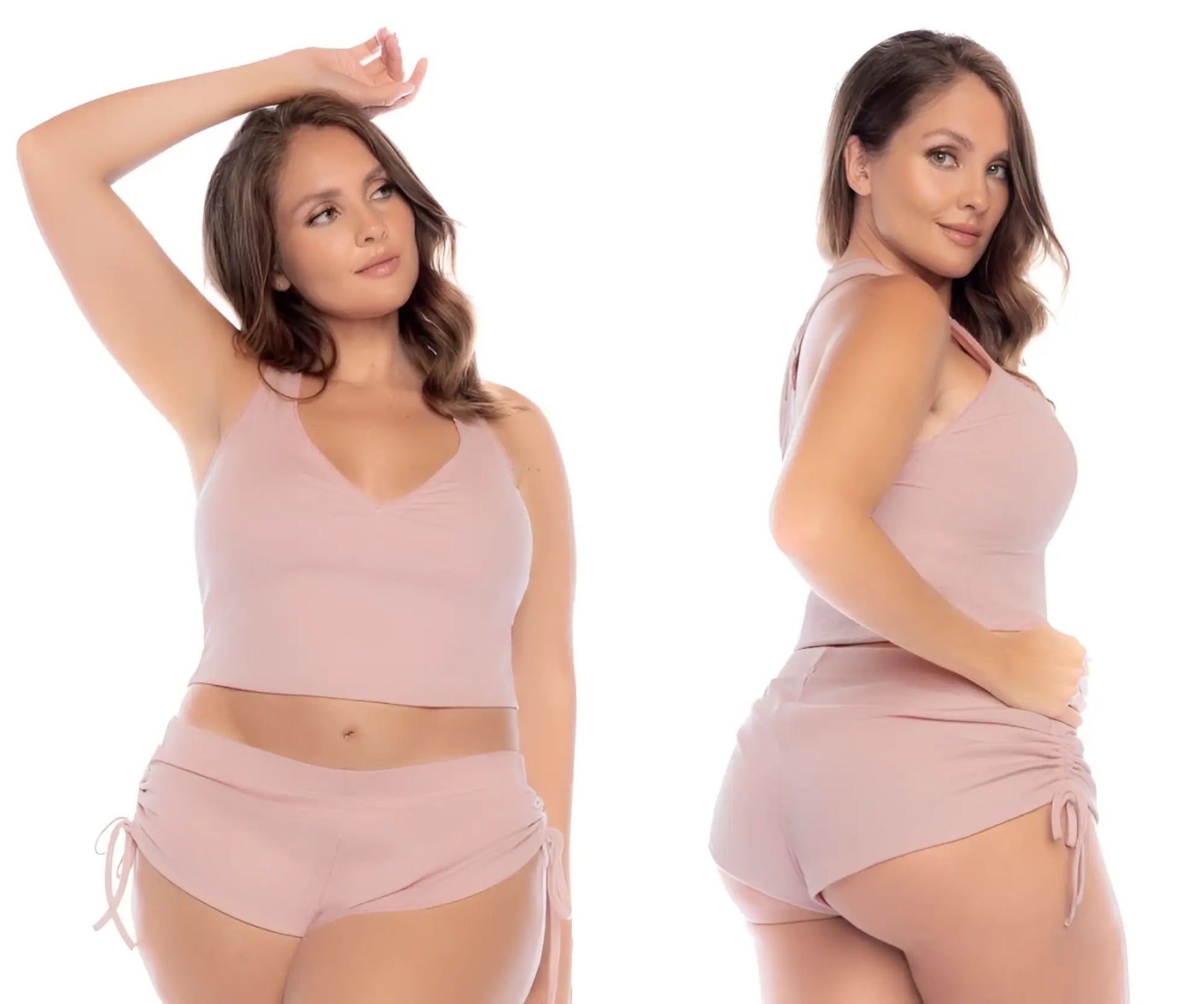 Mapale 7570X two piece pajama set in rose with soft blush pink ribbed crop top and matching shorts with side ties