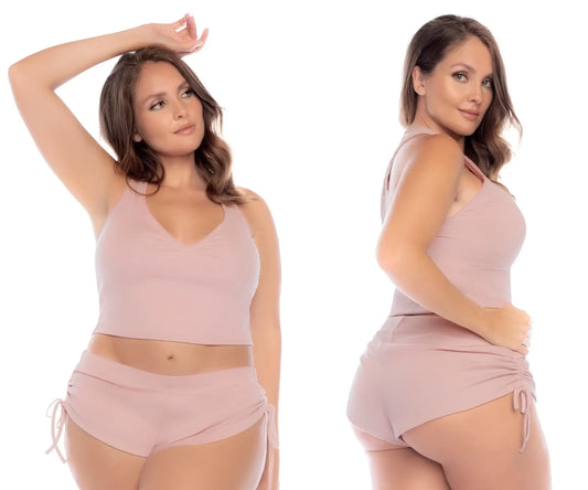 Mapale 7570X two piece pajama set in rose with soft blush pink ribbed crop top and matching shorts with side ties