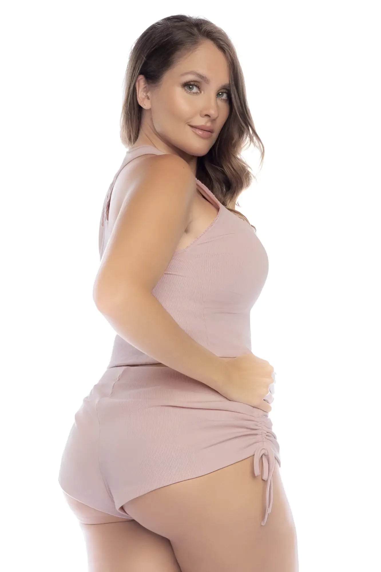 Mapale 7570X two piece pajama set in rose with soft blush pink ribbed knit halter top and ruched shorts with drawstring ties