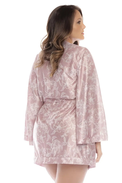 Mapale 7577X robe rose print soft pink satin with delicate white floral pattern and matching belt for elegant wear