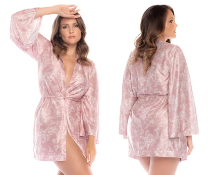 Mapale 7577X soft pink satin robe with subtle floral print and tied waist for elegant loungewear