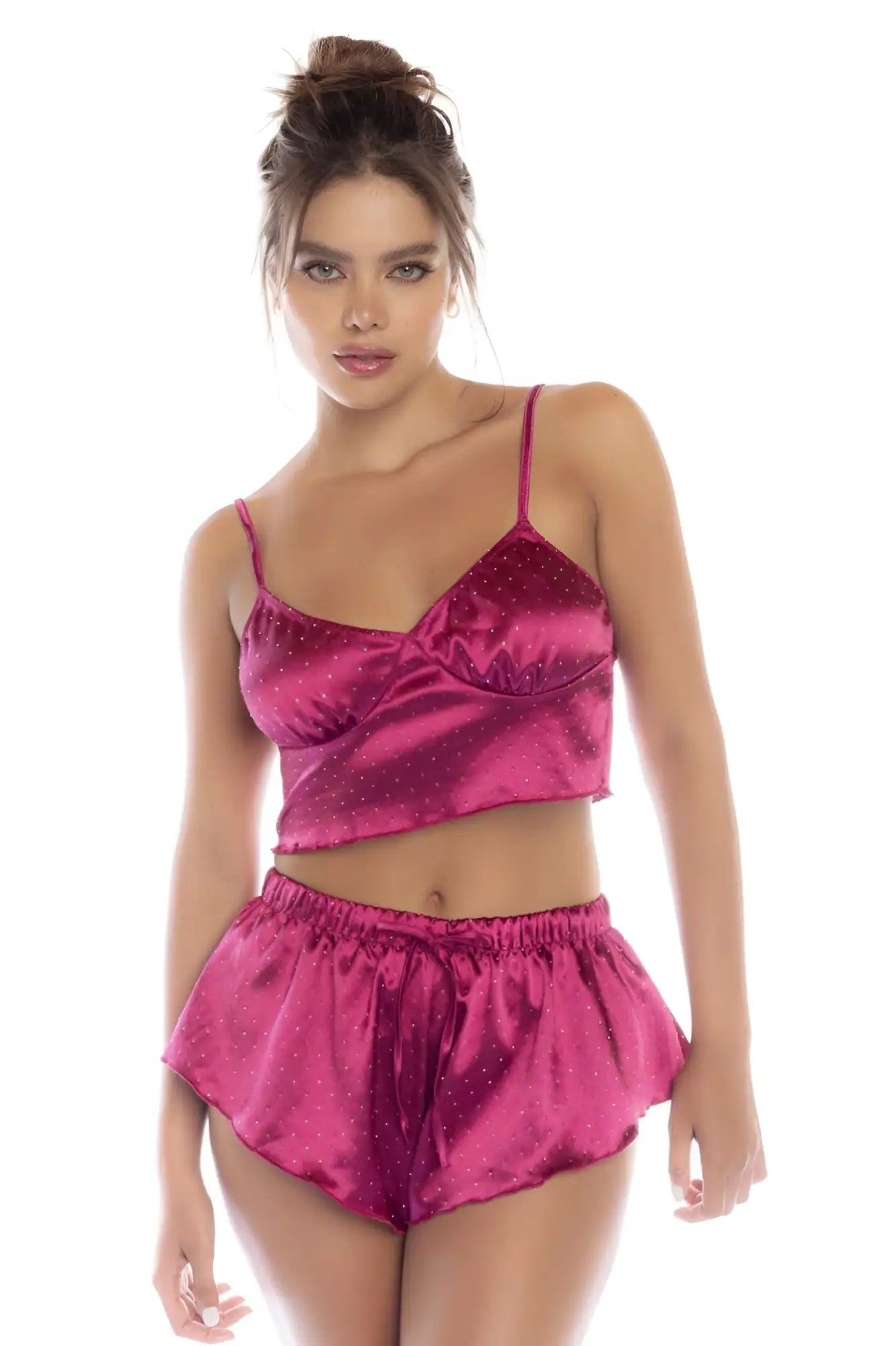 Mapale 7581 two piece pajama set in sparkling fuchsia satin with gold polka dots and ruffled hem